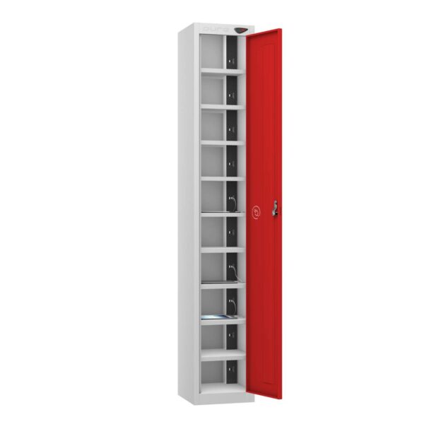 Pure Power Tablet 1 Door 10 Comp Locker, Silver Carcass, Red Door
