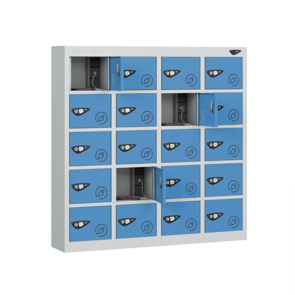 Pure Power 20 Door 20 Comp mobile phone Locker, Silver Carcass, Blue Door