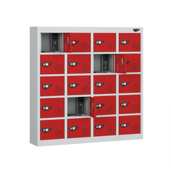 Pure Power 20 Door 20 Comp mobile phone Locker, Silver Carcass, Red Door