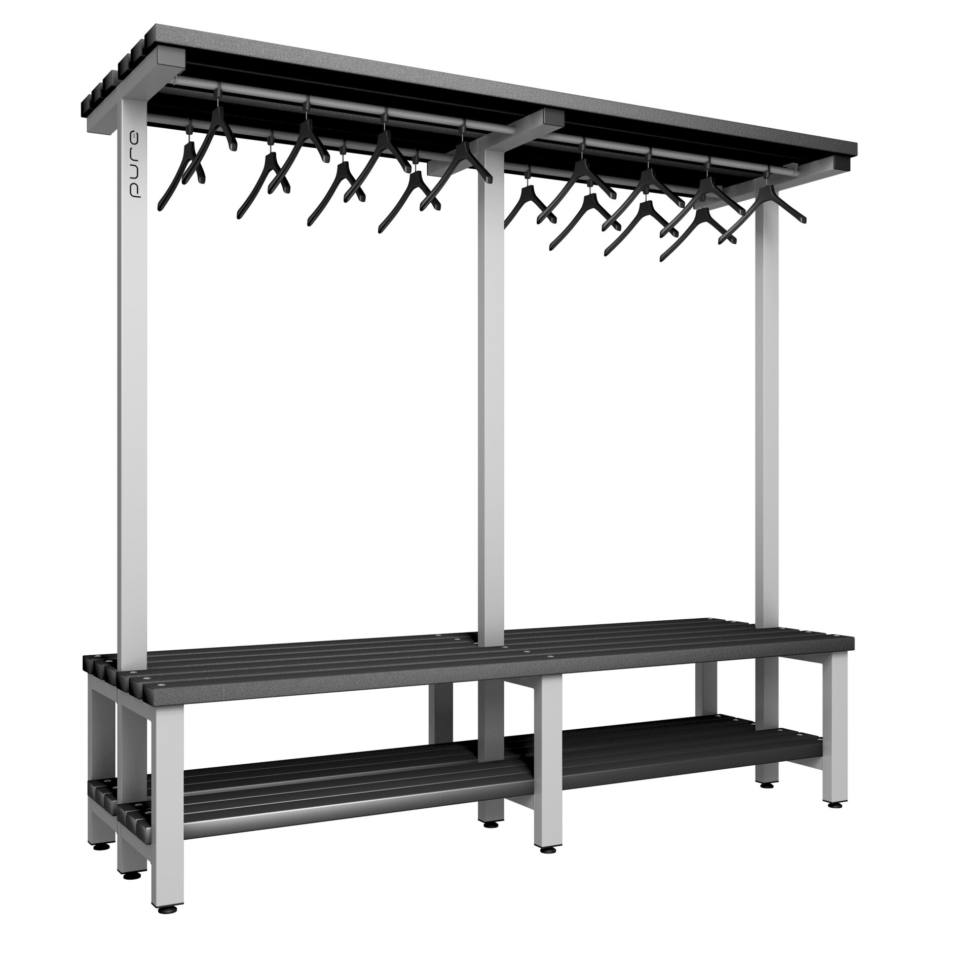 Pure Carbon Zero Double Sided 2000mm Overhead Hanging Bench With Shoe Shelf - Pearl Silver / Black Polymer