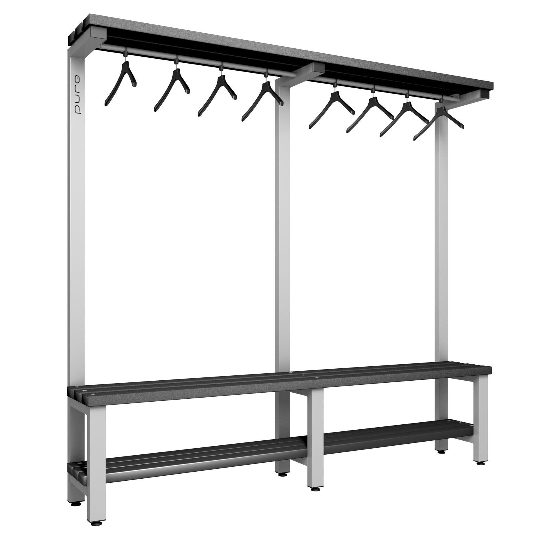 Pure Carbon Zero Single Sided 2000mm Overhead Hanging Bench With Shoe Shelf - Pearl Silver / Black Polymer