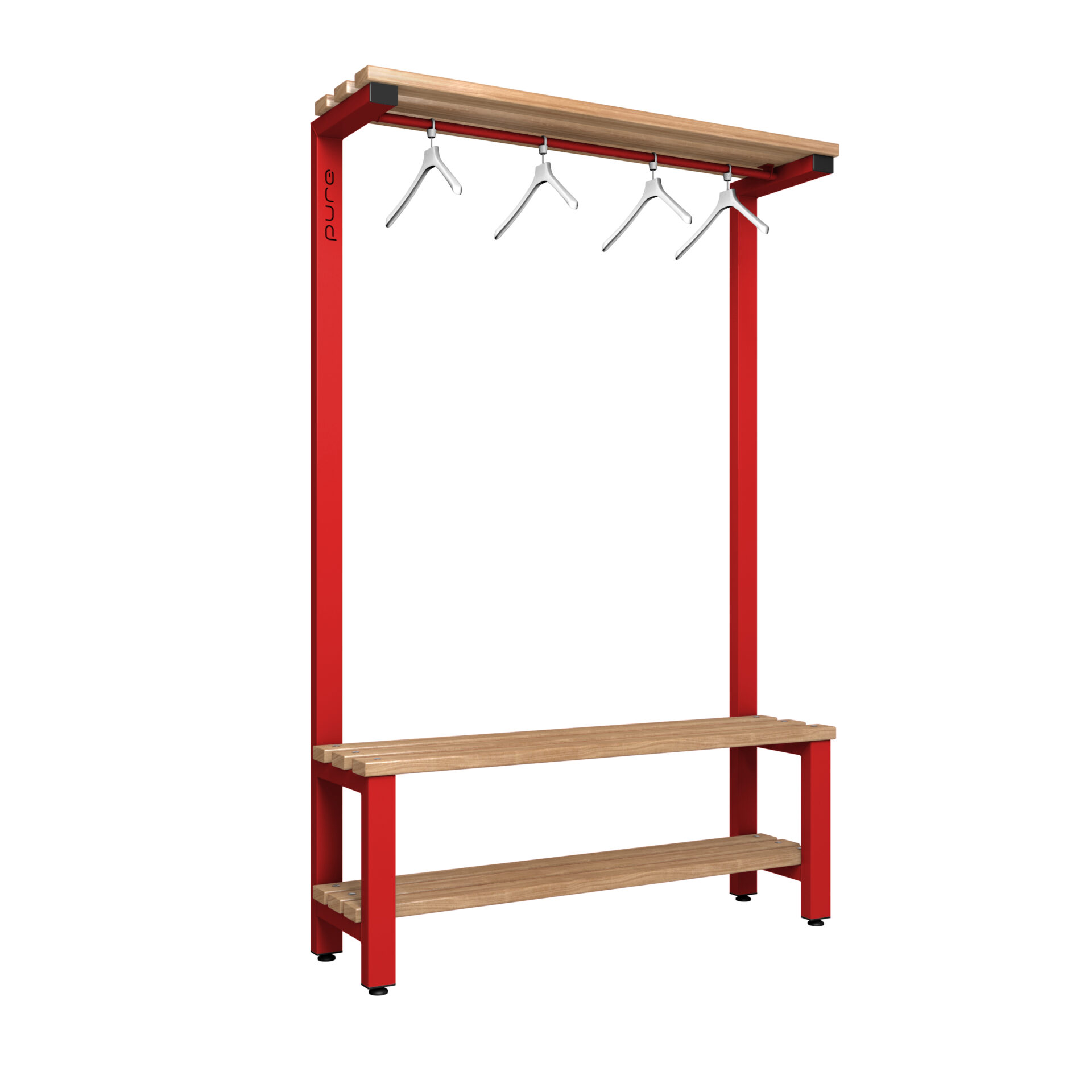Pure Carbon Zero Single Sided 1200mm Overhead Hanging Bench With Shoe Shelf - Flame Red / Solid Timber